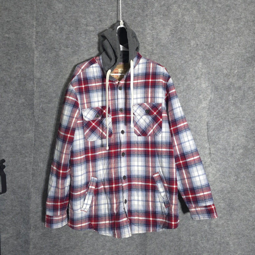 RuffHewn Hooded Flannel Shirt Jacket Mens M Red Blue Plaid Sherpa Lined Shacket